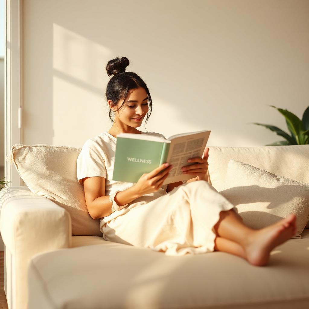 Donna rilassata sul divano che legge un libro di benessere