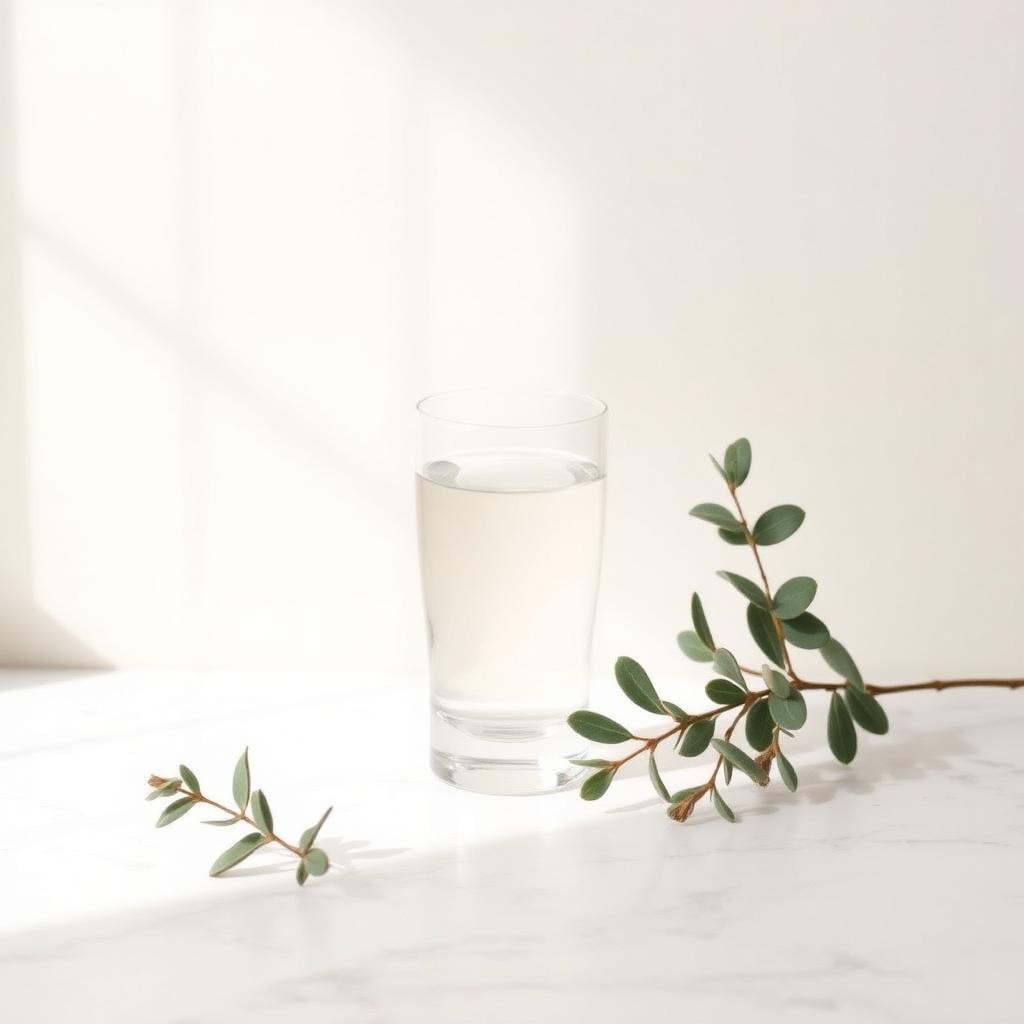 Bicchiere d'acqua pura con eucalipto su superficie di marmo bianco